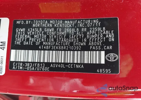 2011 Toyota Camry Le из США, поврежденный, VIN 4T4BF3EK6BR210392